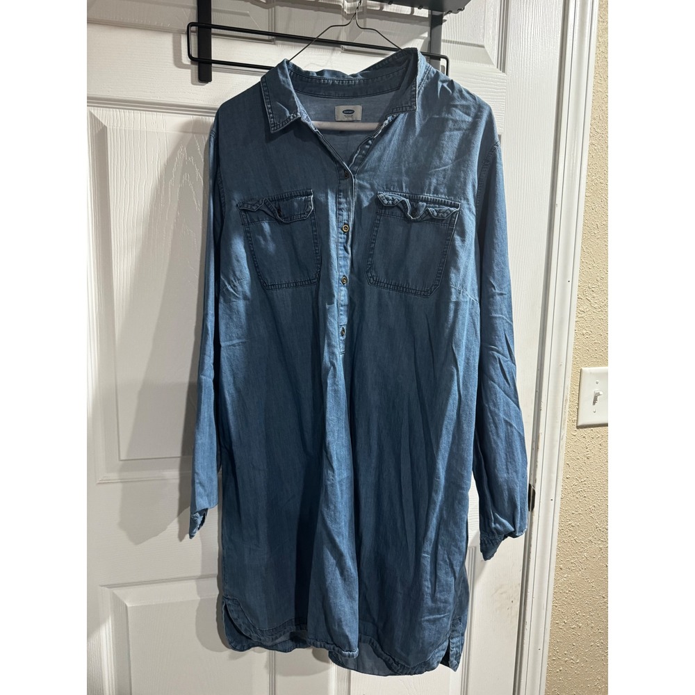 Old Navy Women XL Blue Chambray Denim Shirt Dress Long Sleeve Cotton Button Down